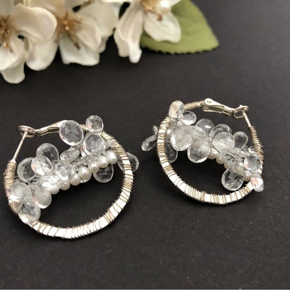 Clear Bead Crystal Moonstone Silver Tone Wired Faux Pearl Hoop Earrings - Picture 2 of 3